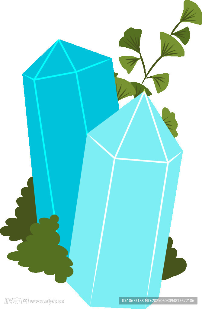 蓝色水晶与绿植装饰图案