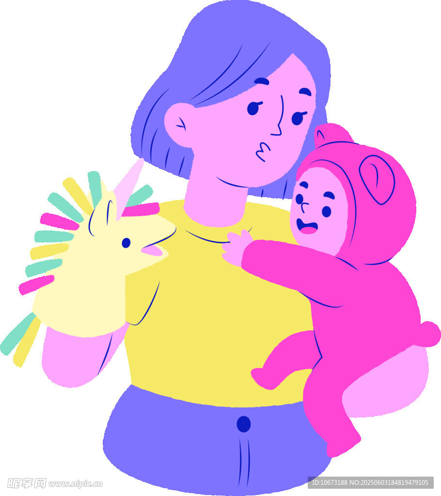 妈妈怀抱孩子玩手偶玩具