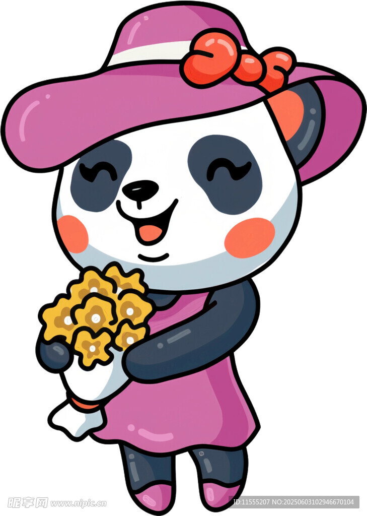 戴帽熊猫手持花束