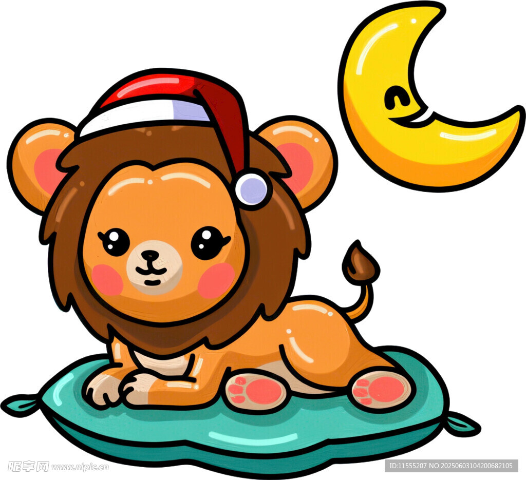 戴圣诞帽的小狮子在月夜