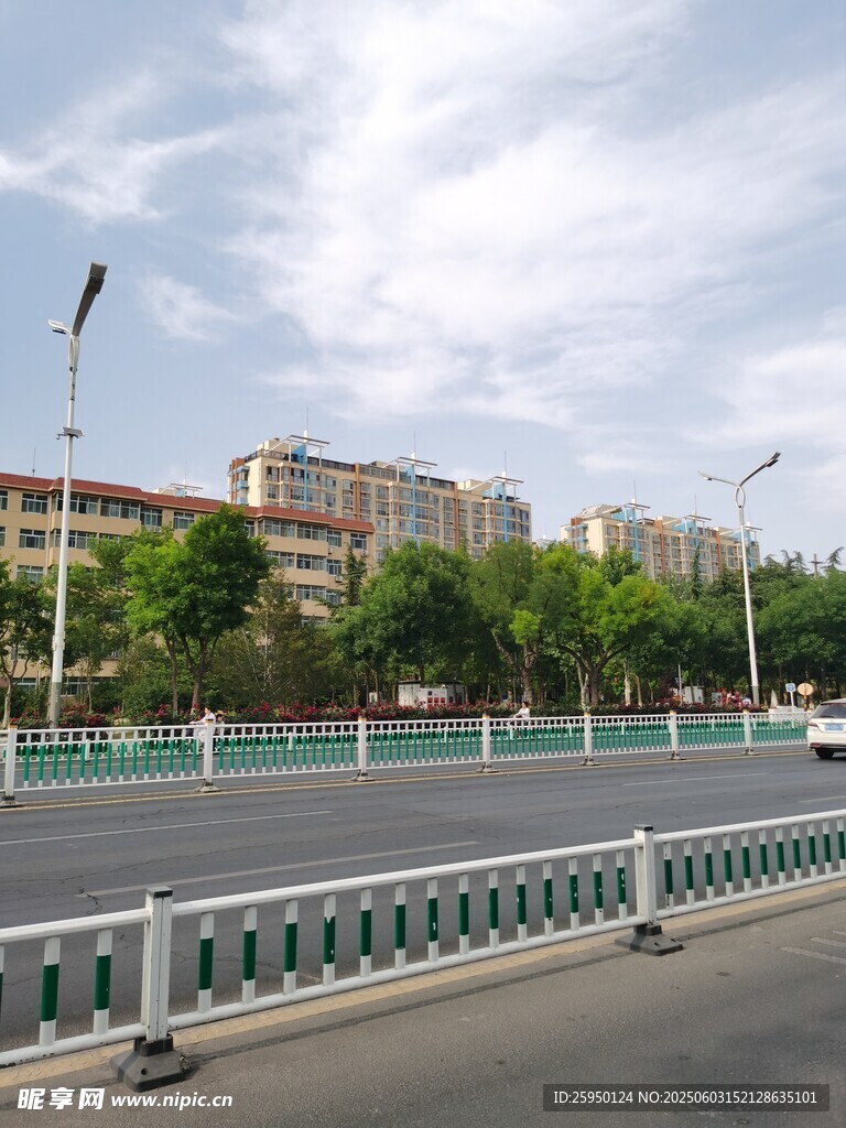 城市道路旁的建筑与护栏