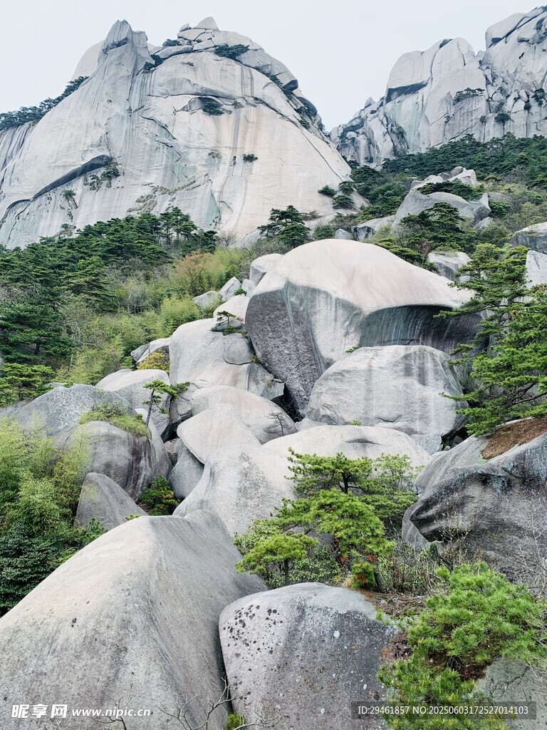 奇形巨石与山间绿植景观