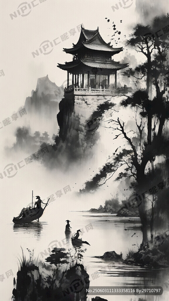 明清古典新中式文化黑色彩绘清明