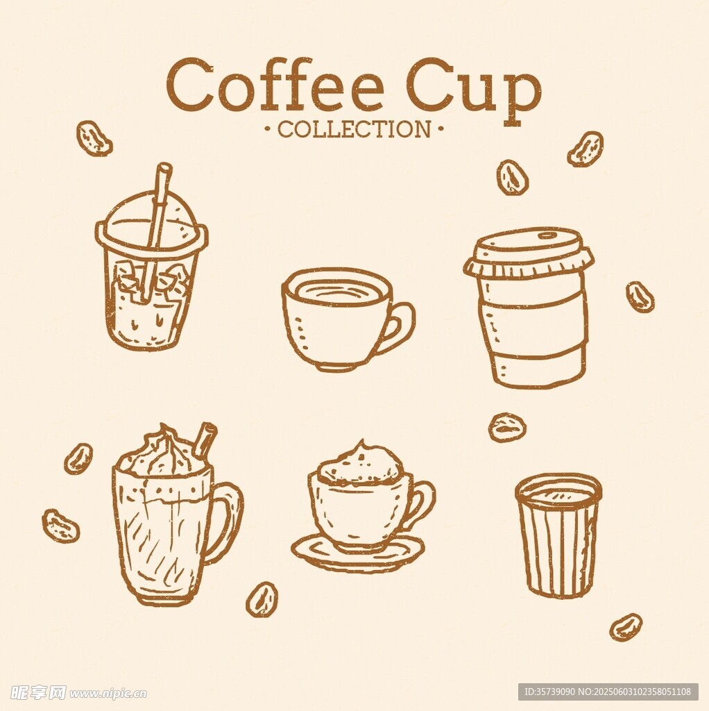 手绘咖啡杯及饮品插画