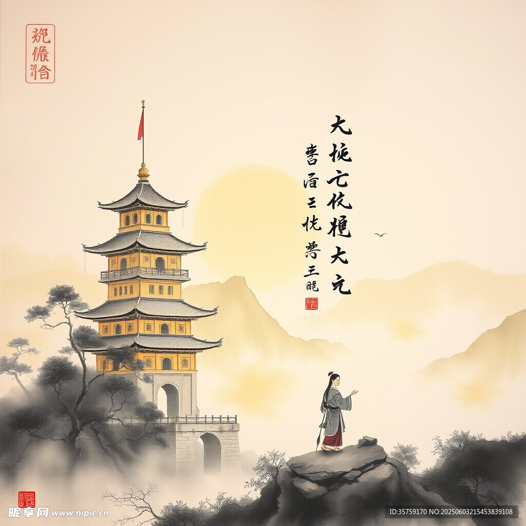 古风山水间的巍峨宝塔