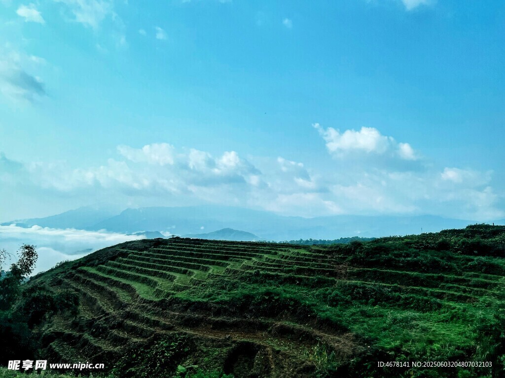 青山梯田映蓝天美景