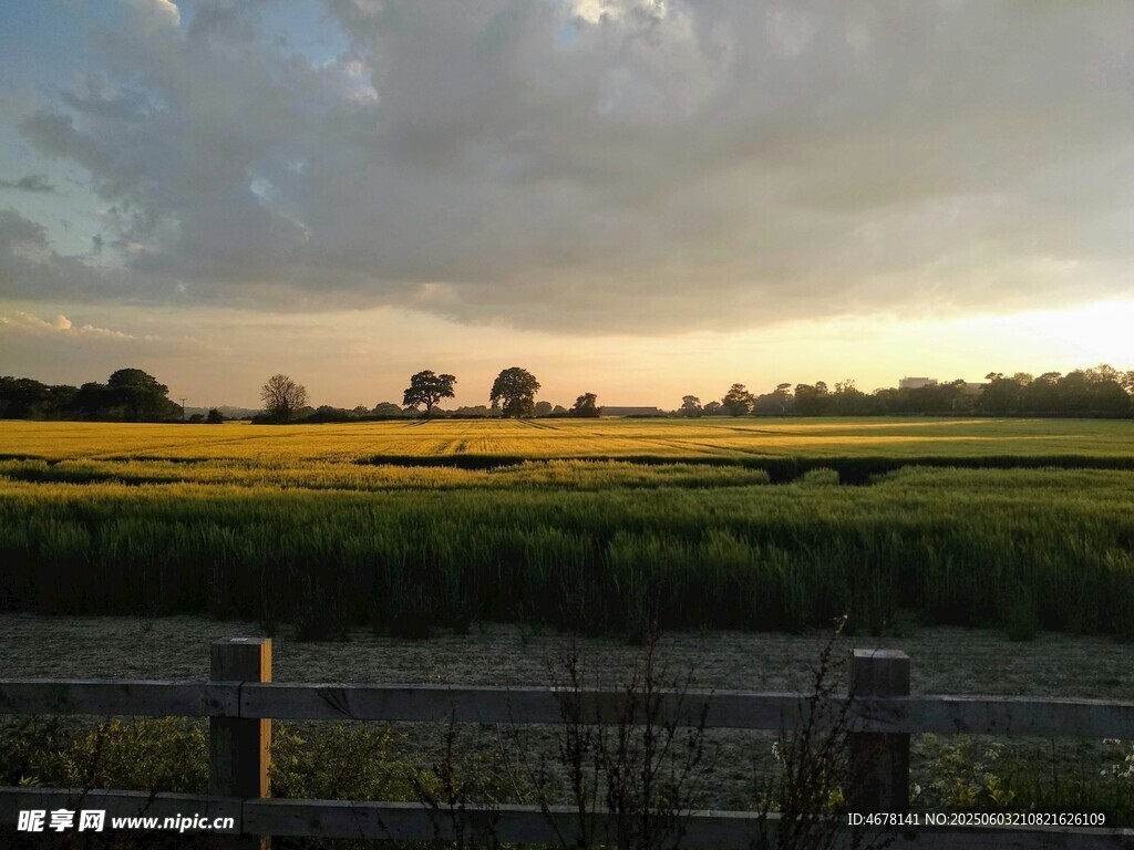 夕阳下的田野与木栅栏