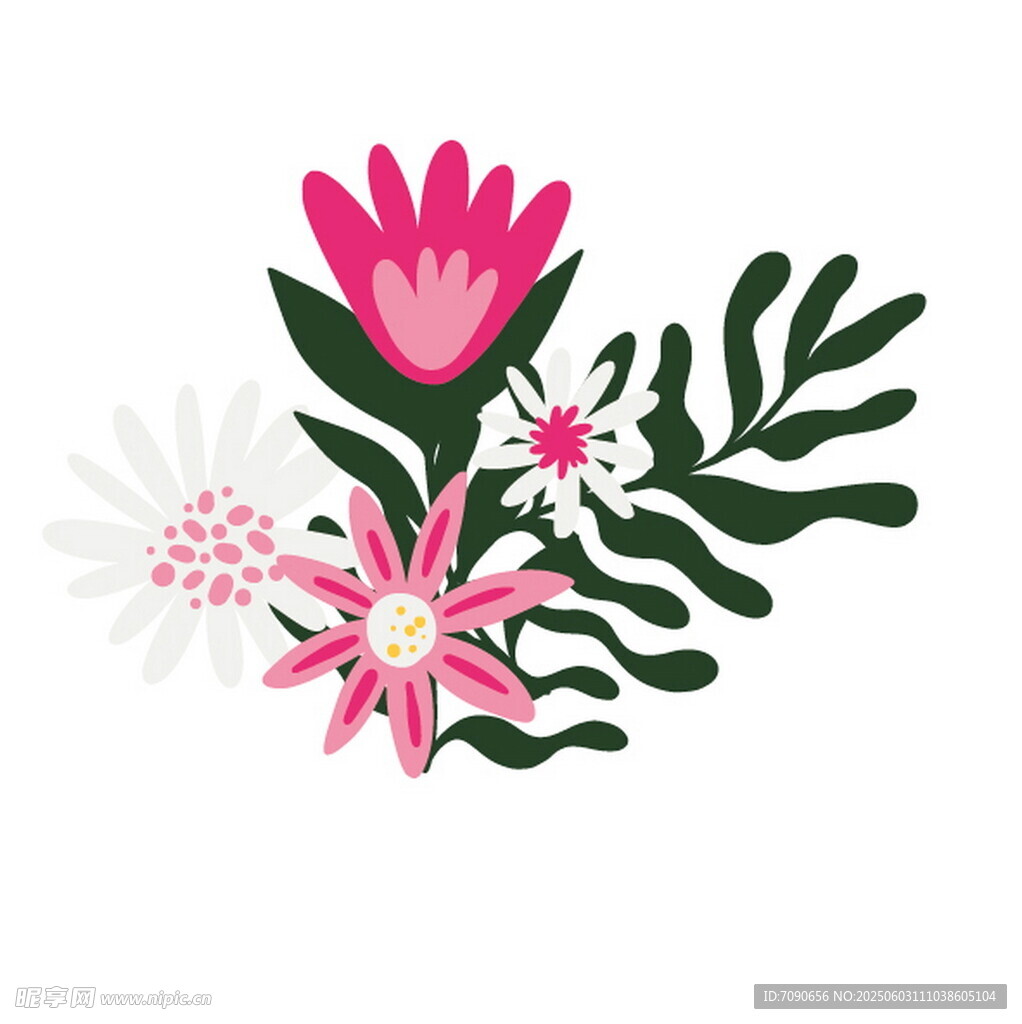 粉色花卉绿叶插画图案