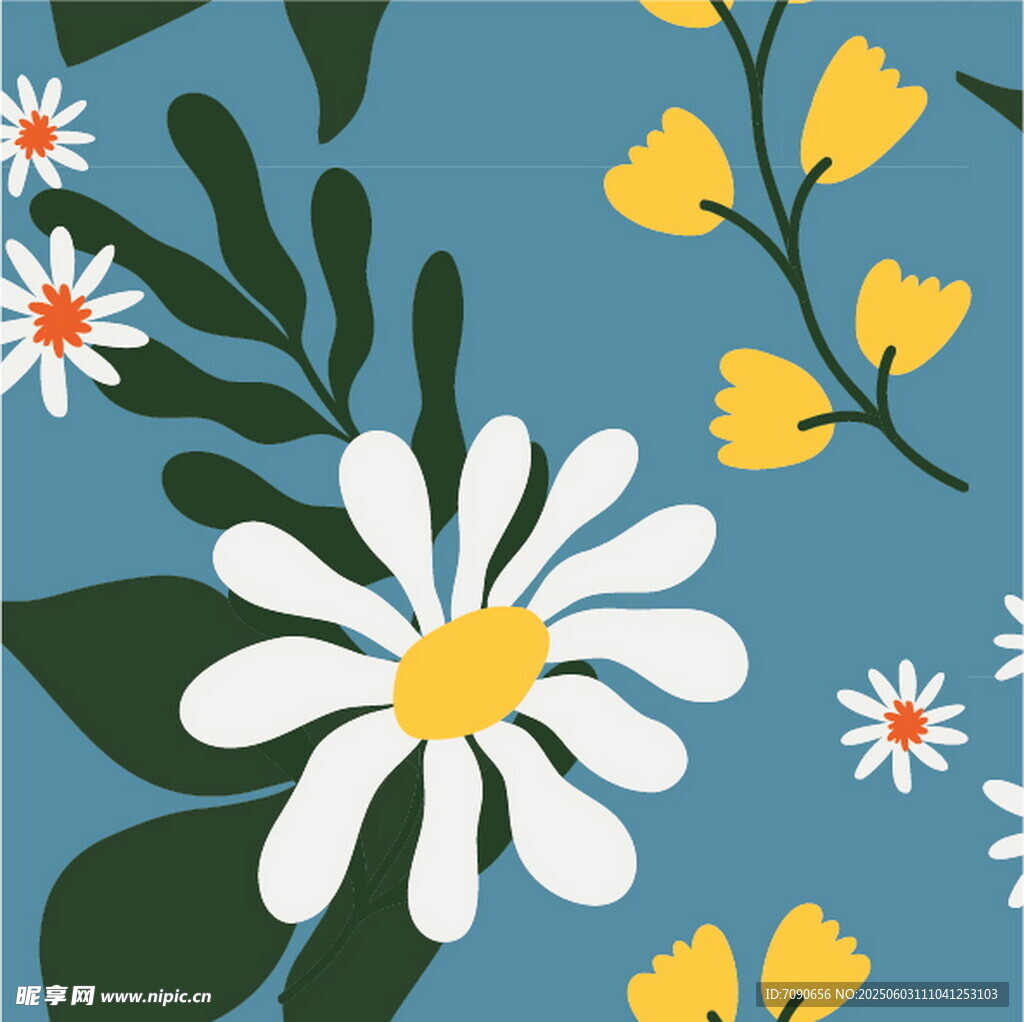 蓝色背景上的多彩花卉图案