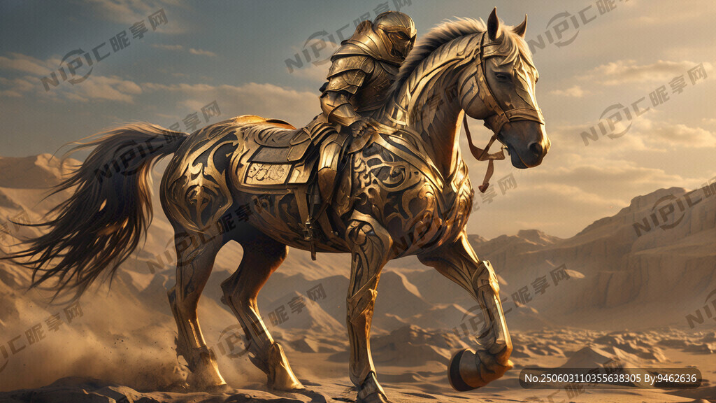 身披金色铠甲站立的战马