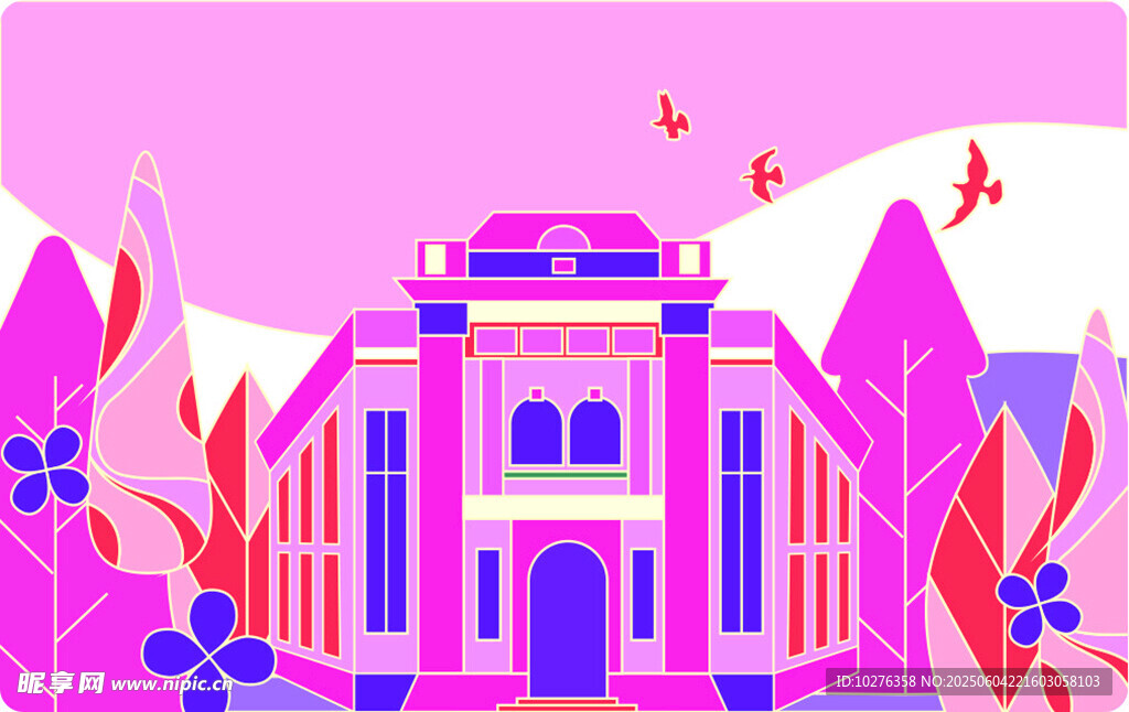 清华 粉色建筑插画中的梦幻风景