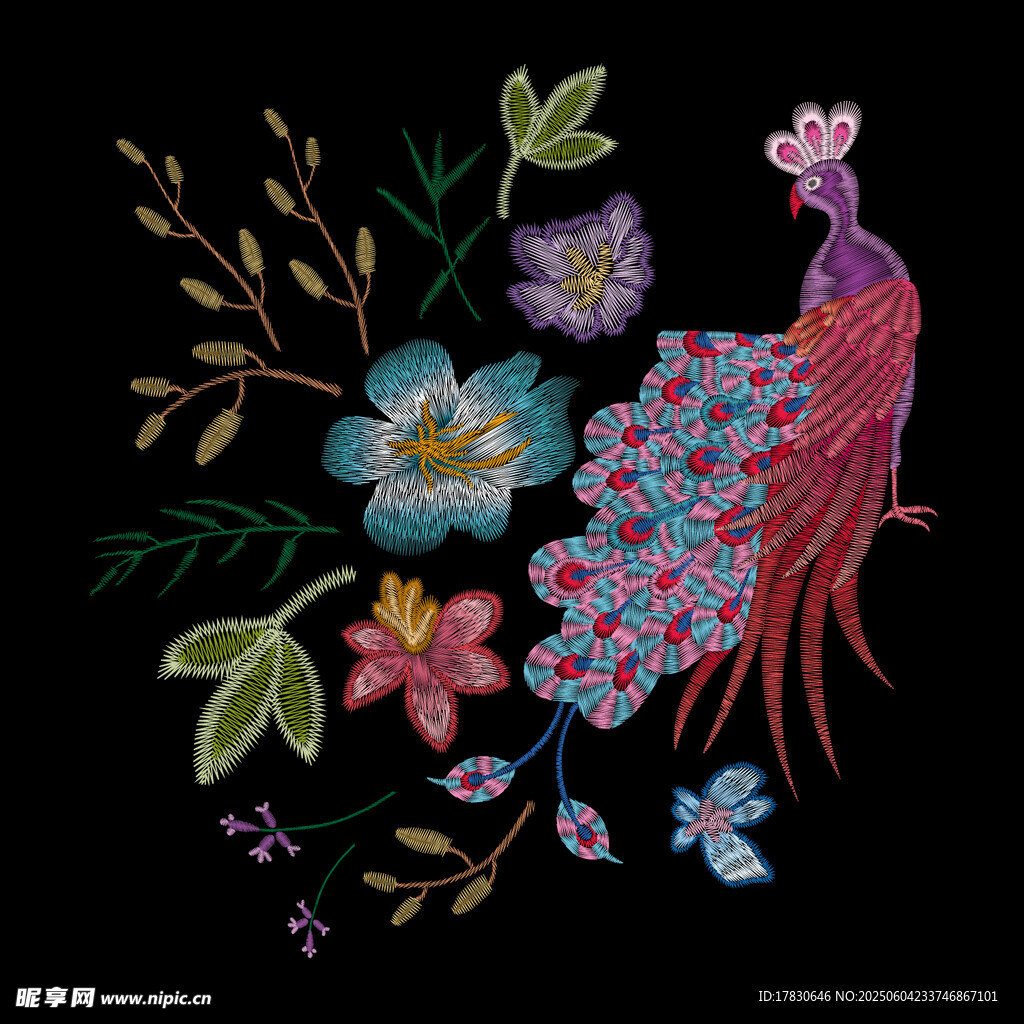 多彩刺绣花卉图案