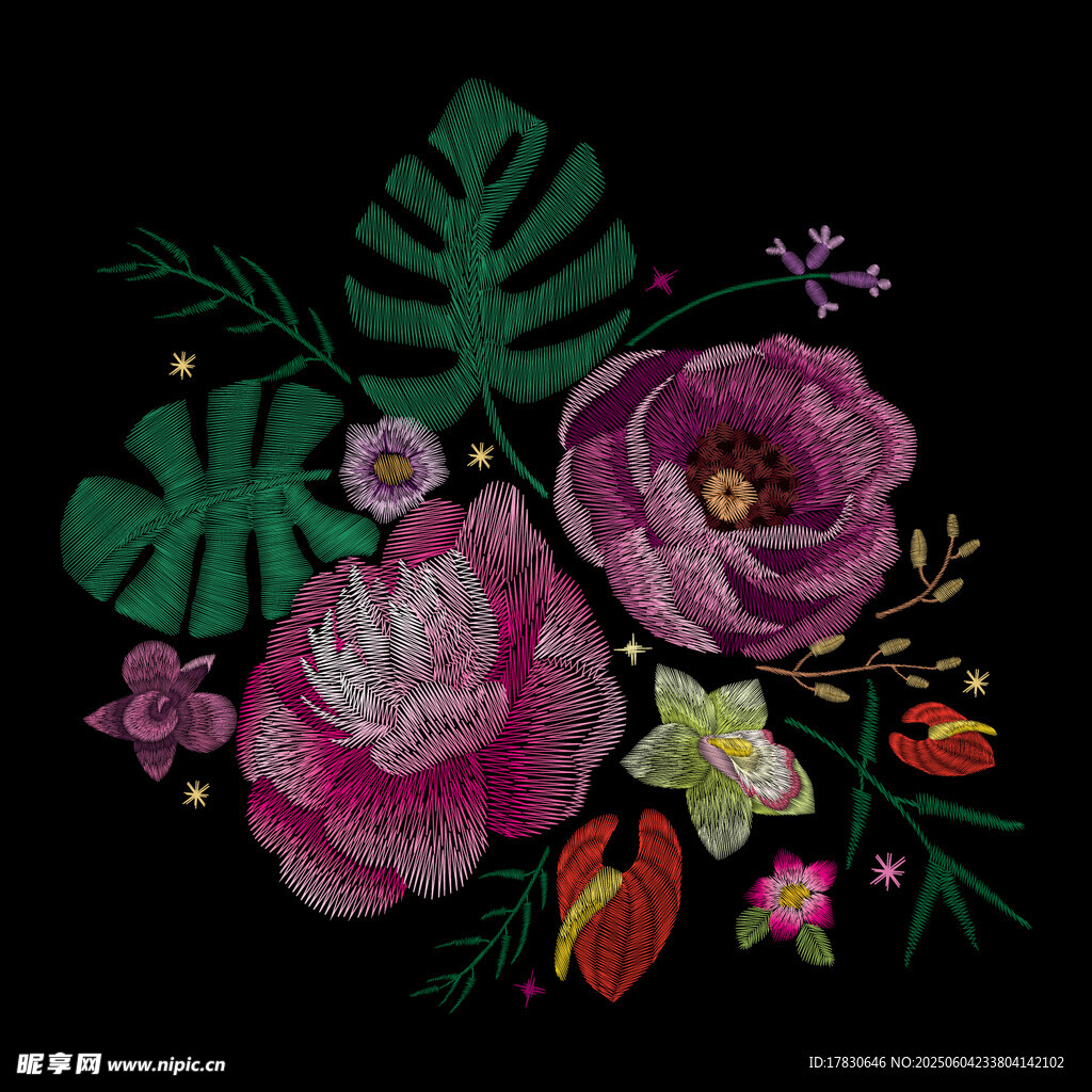 多彩刺绣花卉图案