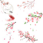 春日烂漫桃花枝鸟元素图