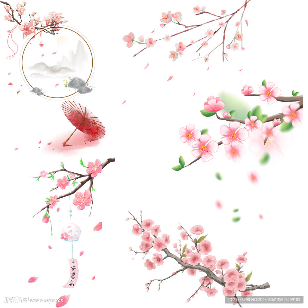 春日烂漫桃花枝鸟元素图