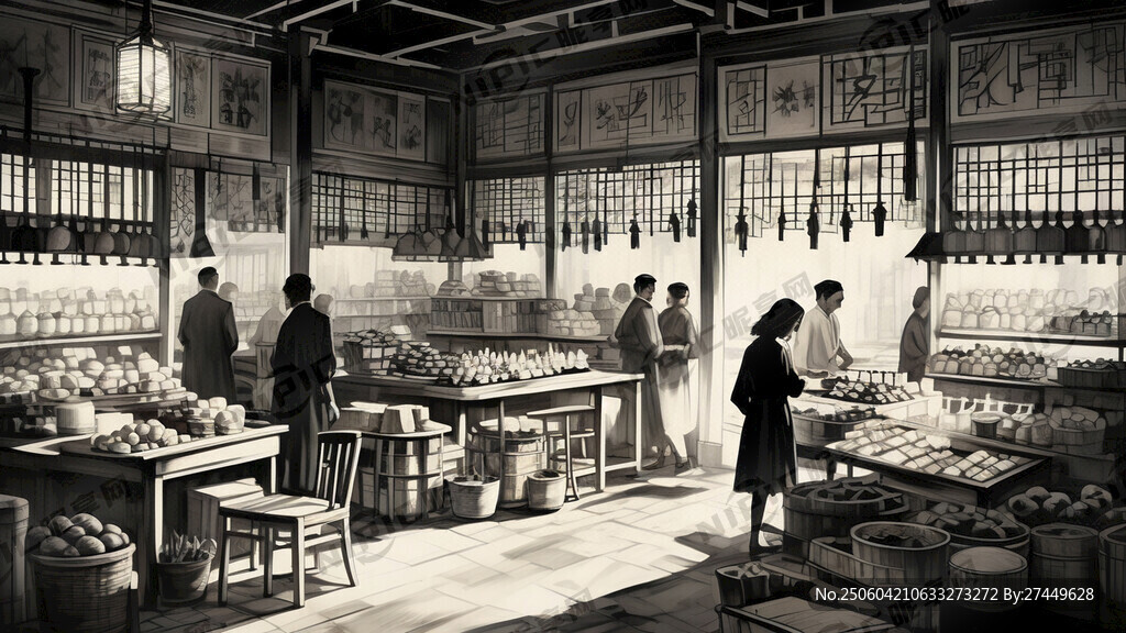 AI创作图古代农贸市场黑白剪影图nipic.com-昵图网