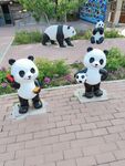 可爱熊猫雕塑摆放在庭院