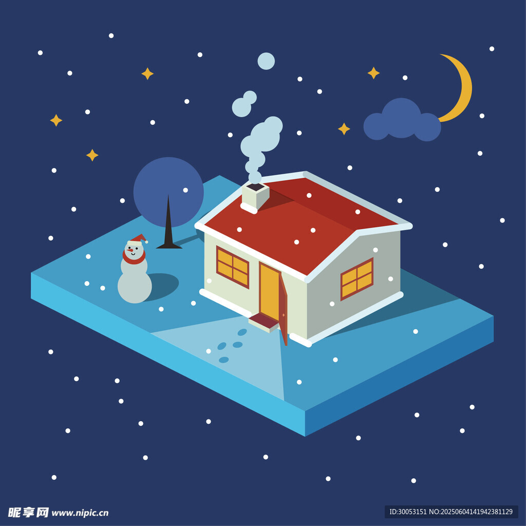 冬夜小屋雪景温馨画面
