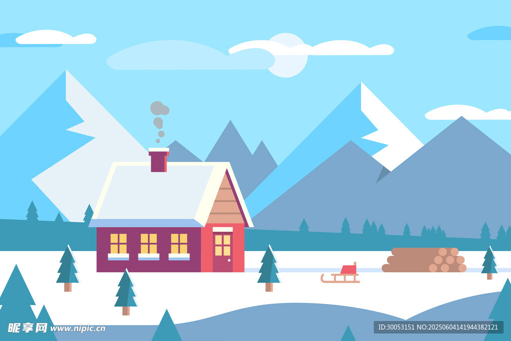 冬日山间小屋雪景