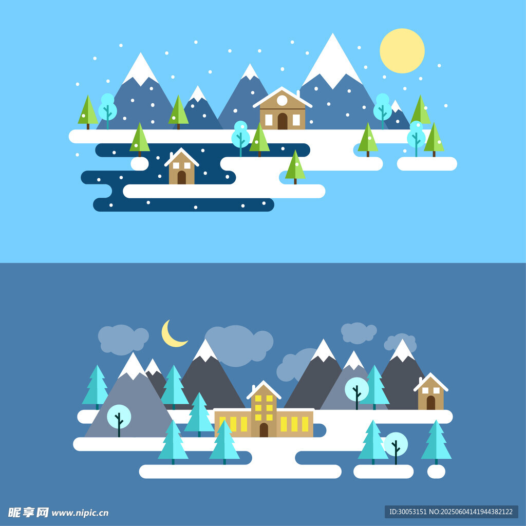 冬日雪景村庄插画