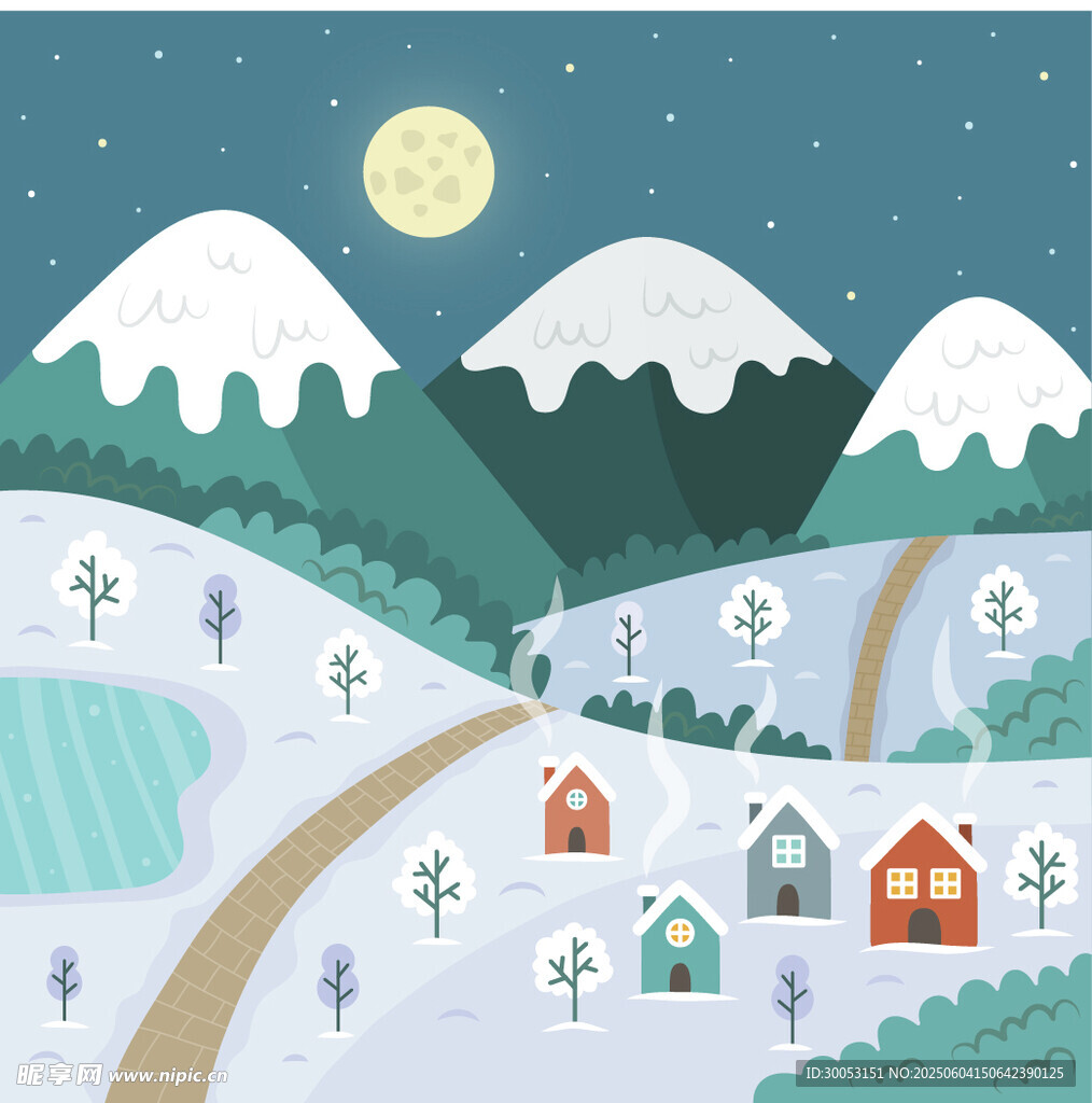 雪夜山村美景
