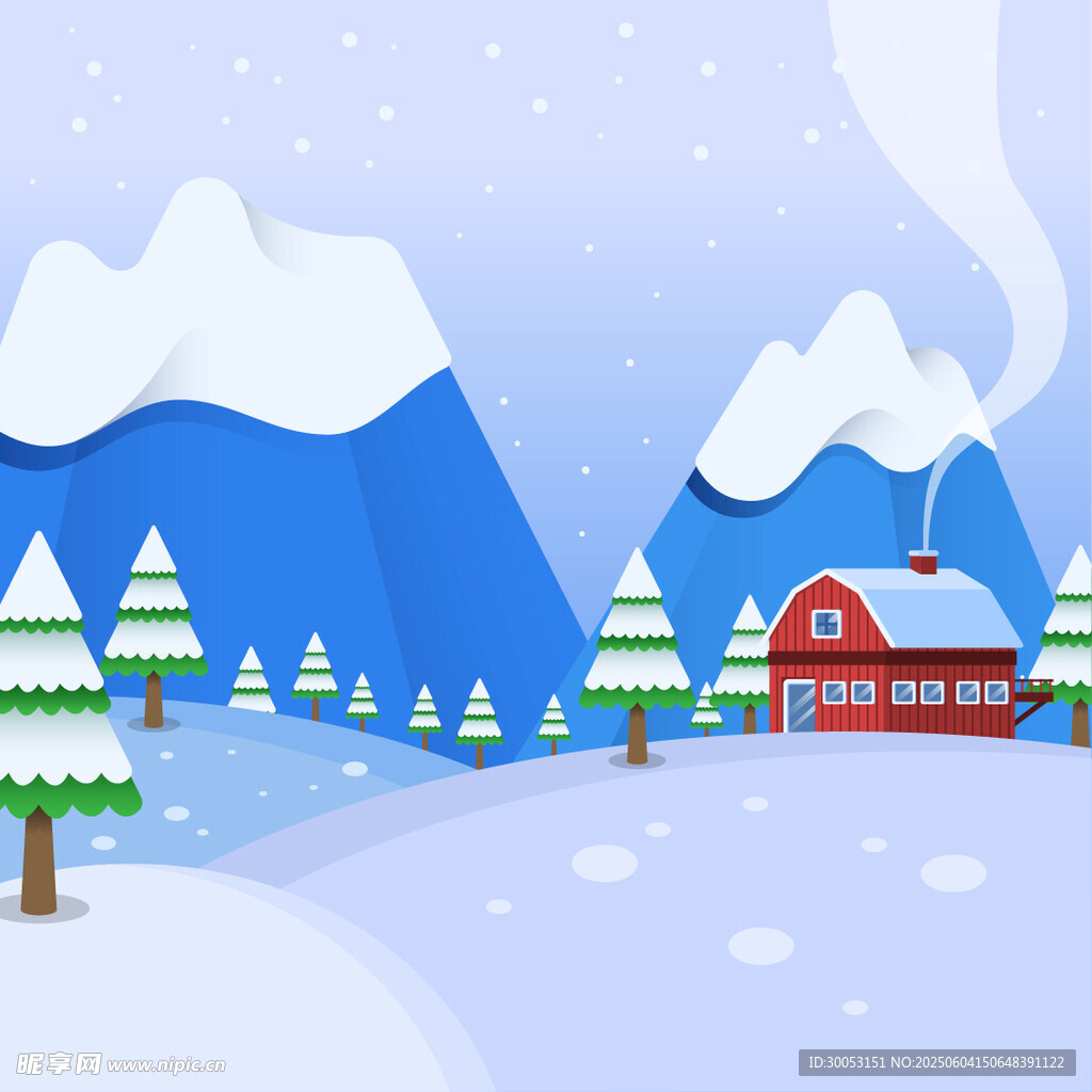 冬日雪景中的红屋与山林