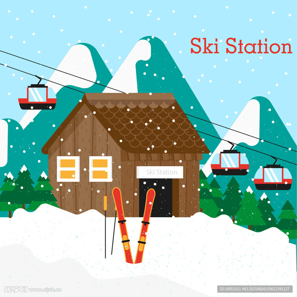 雪中小屋旁的滑雪缆车