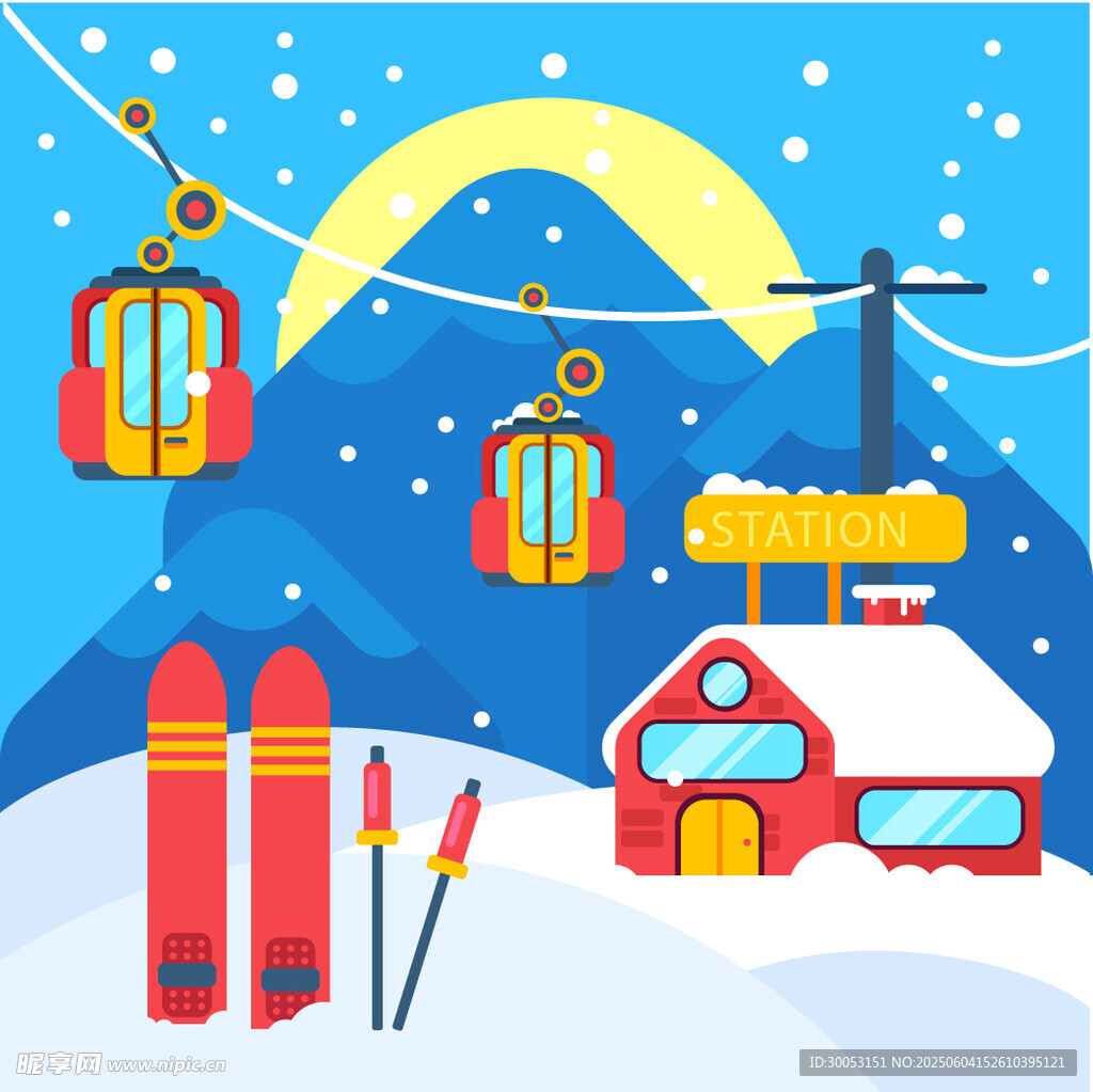 冬日滑雪场景缆车与小屋
