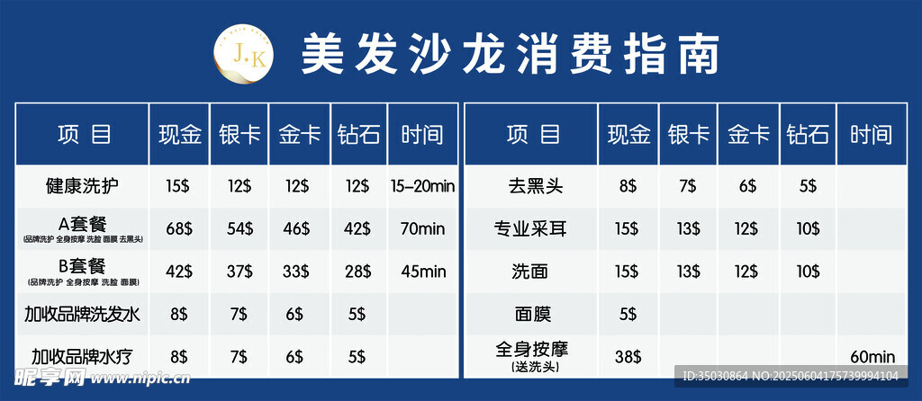 美发价目表