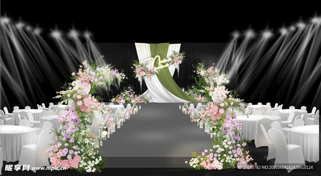 粉白绿浪漫婚礼现场花卉装饰布置