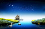 梦幻河畔小屋夜景