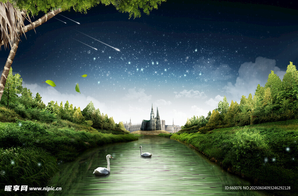 梦幻河畔星空下的静谧城堡