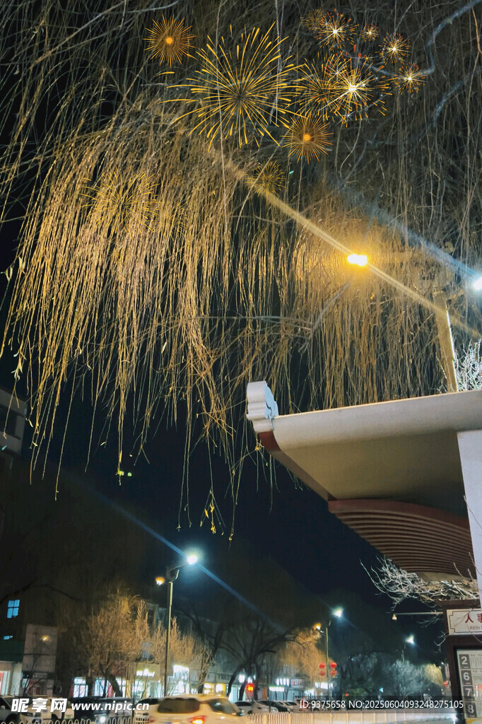夜下垂柳与城市灯光景致