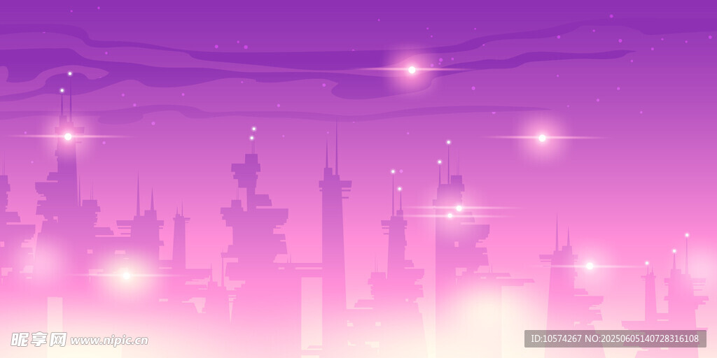 梦幻紫色城市夜景星空图