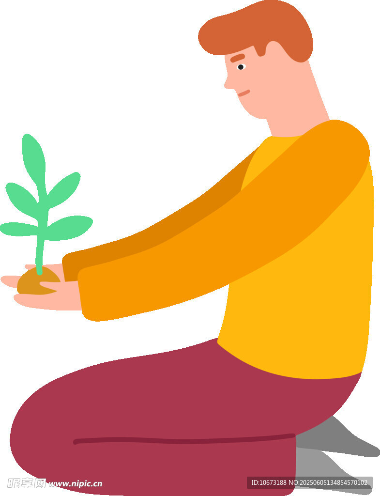 男子呵护绿植幼苗