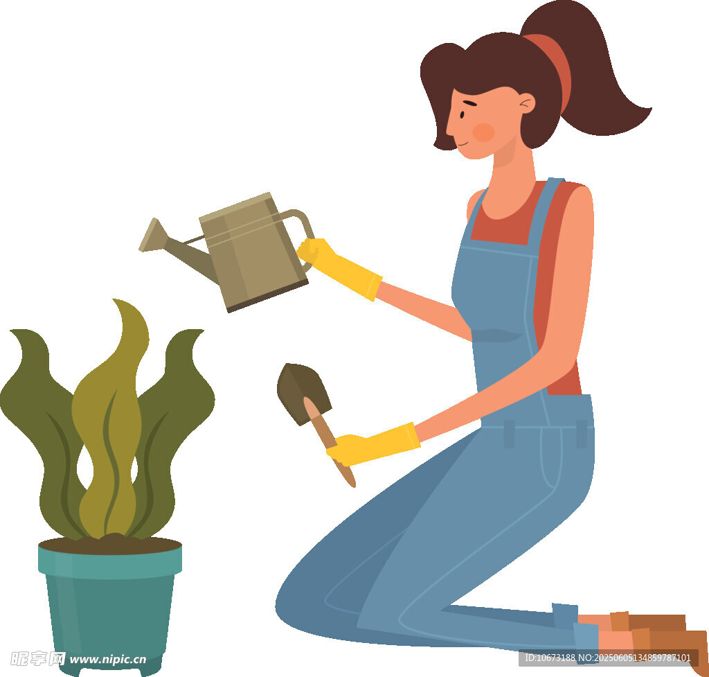 女子专注浇灌盆栽植物