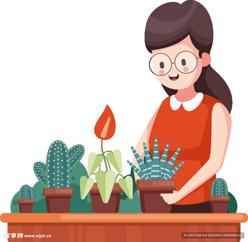 女孩专注打理盆栽植物