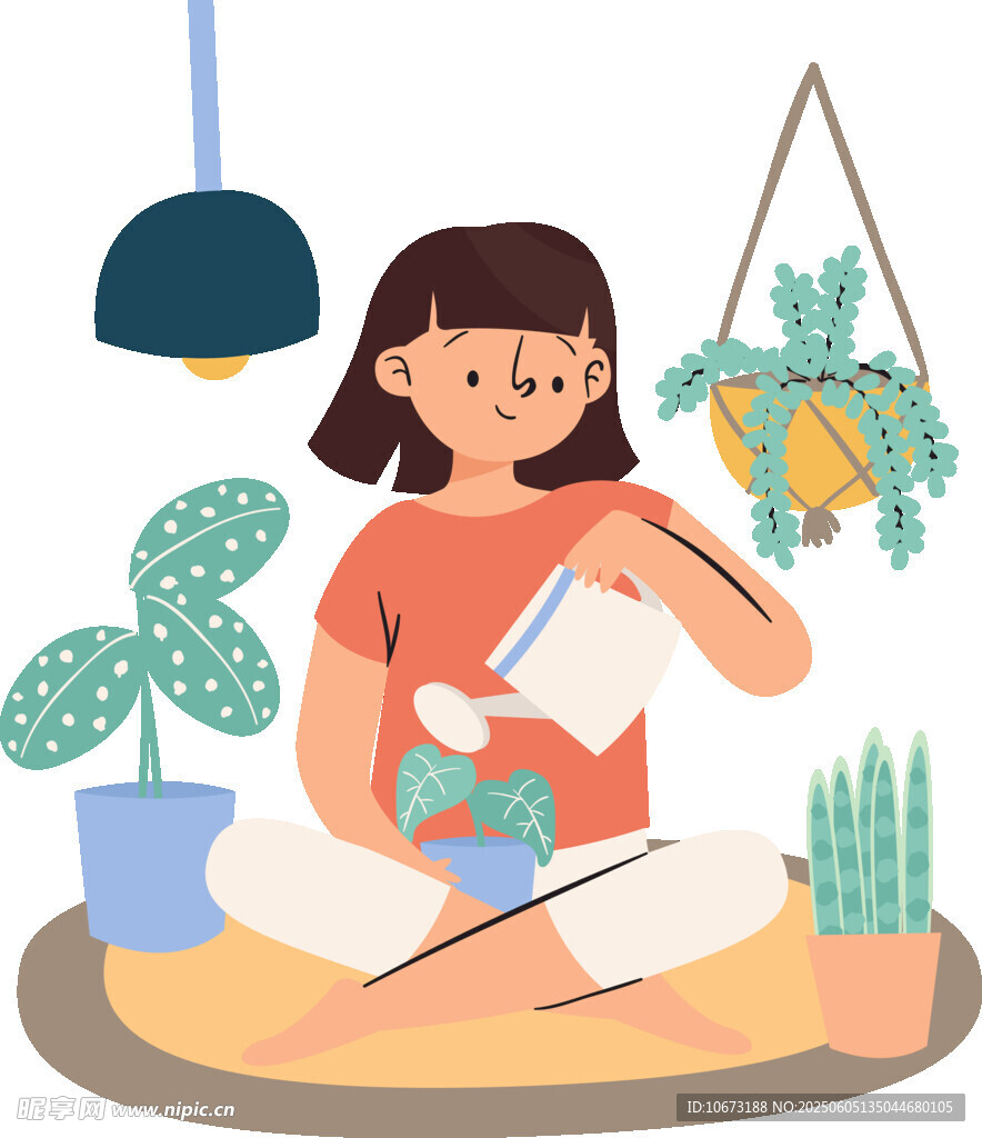女孩惬意地给绿植浇水