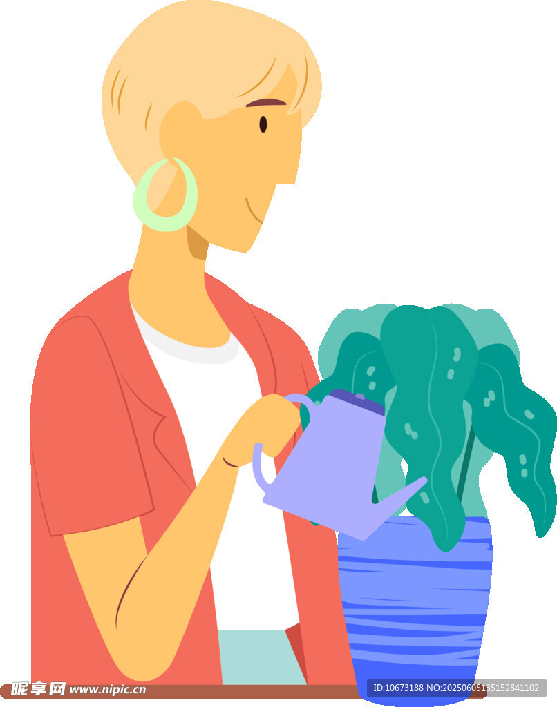 女士专注浇灌盆栽植物