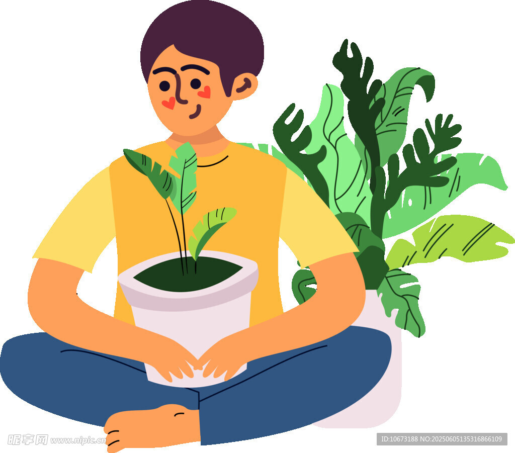 男子惬意抱盆栽享受时光