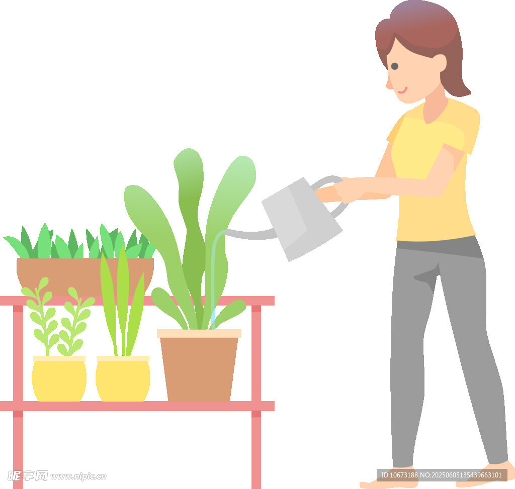 女士给架上植物浇水
