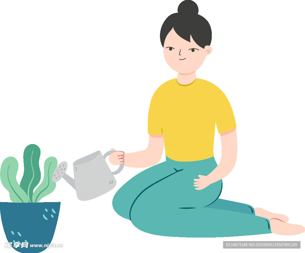 女子惬意浇花瞬间