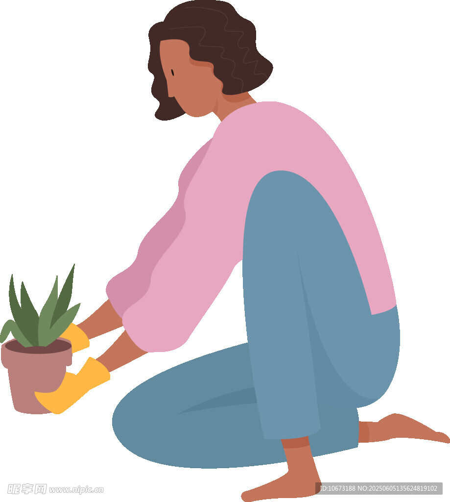 女子跪地呵护盆栽植物