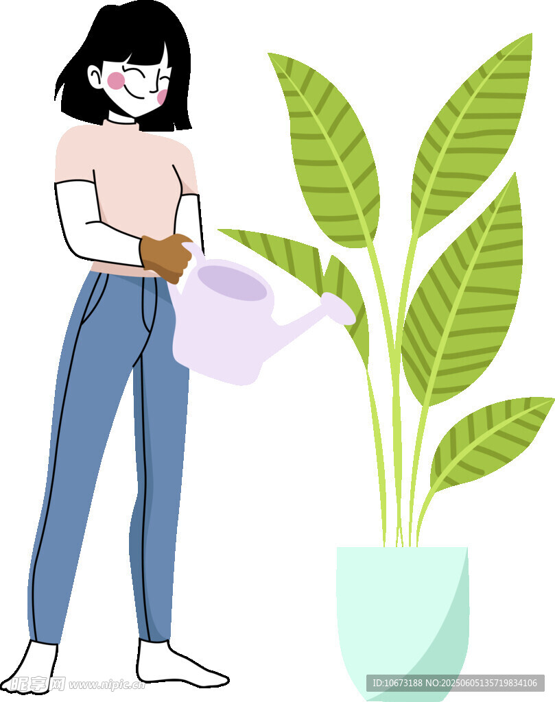 女士细心浇灌大型绿植