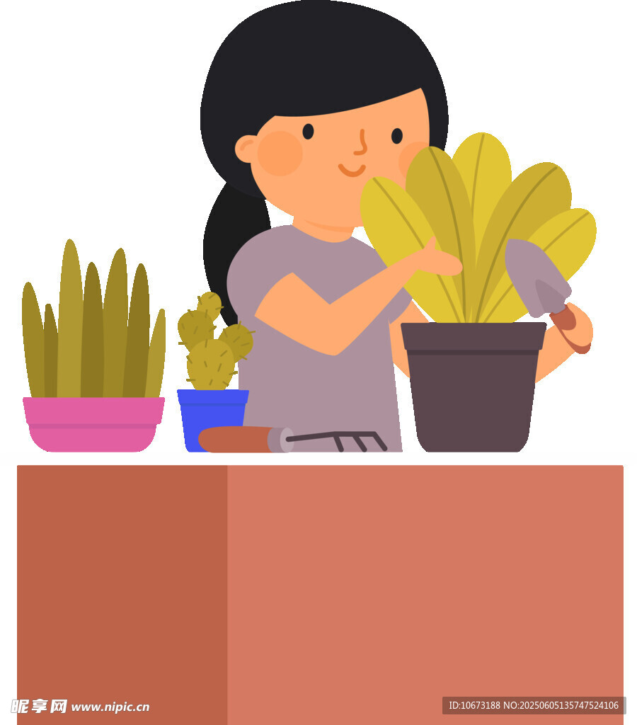 女孩专注打理盆栽植物