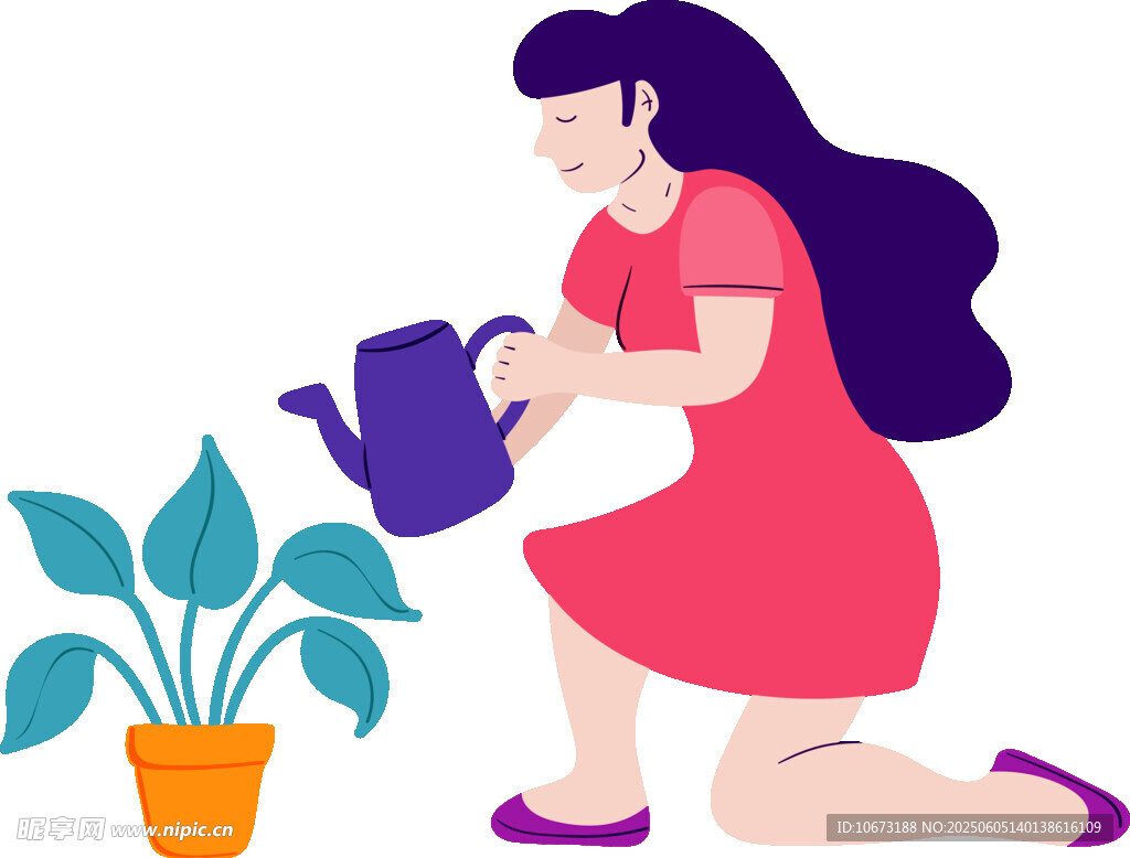 红衣女子专注浇绿植
