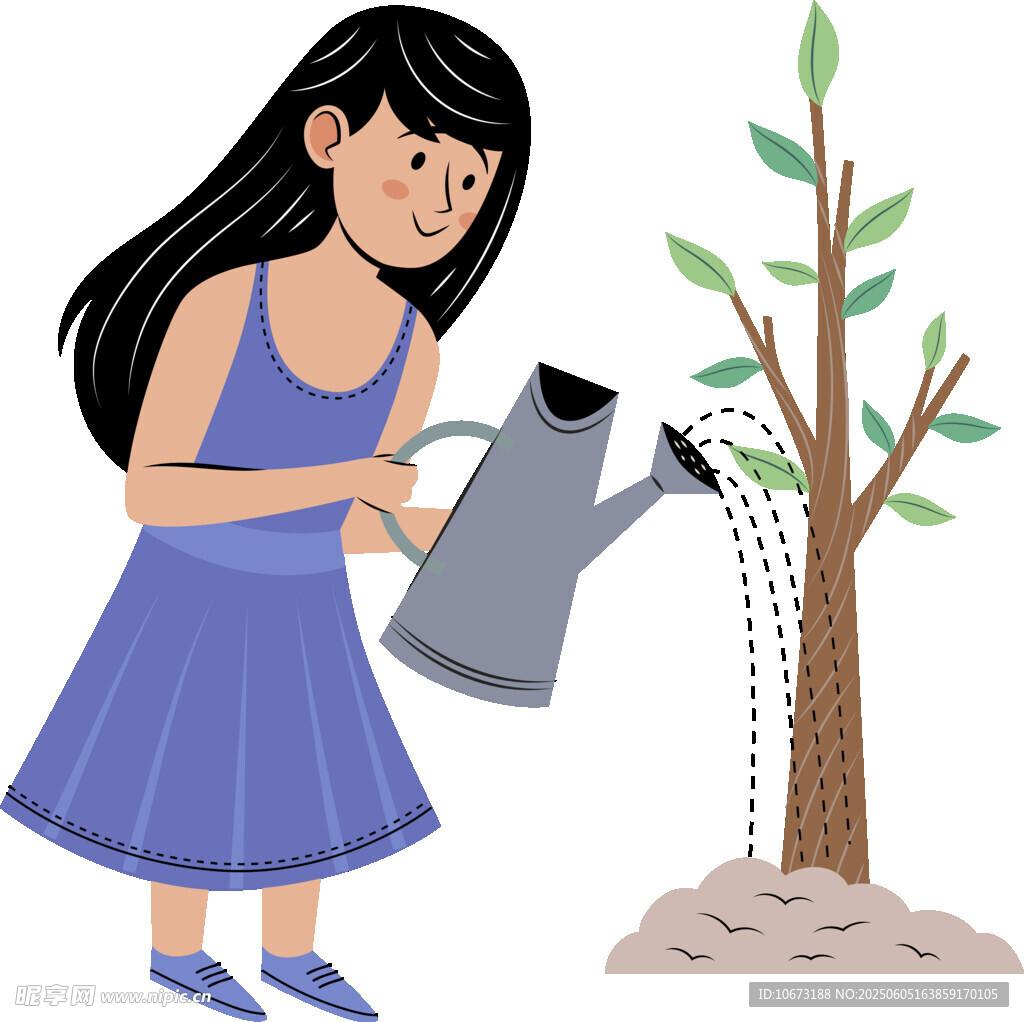 女孩浇水呵护小树苗