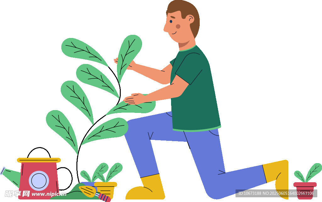 男子专注地进行绿植养护