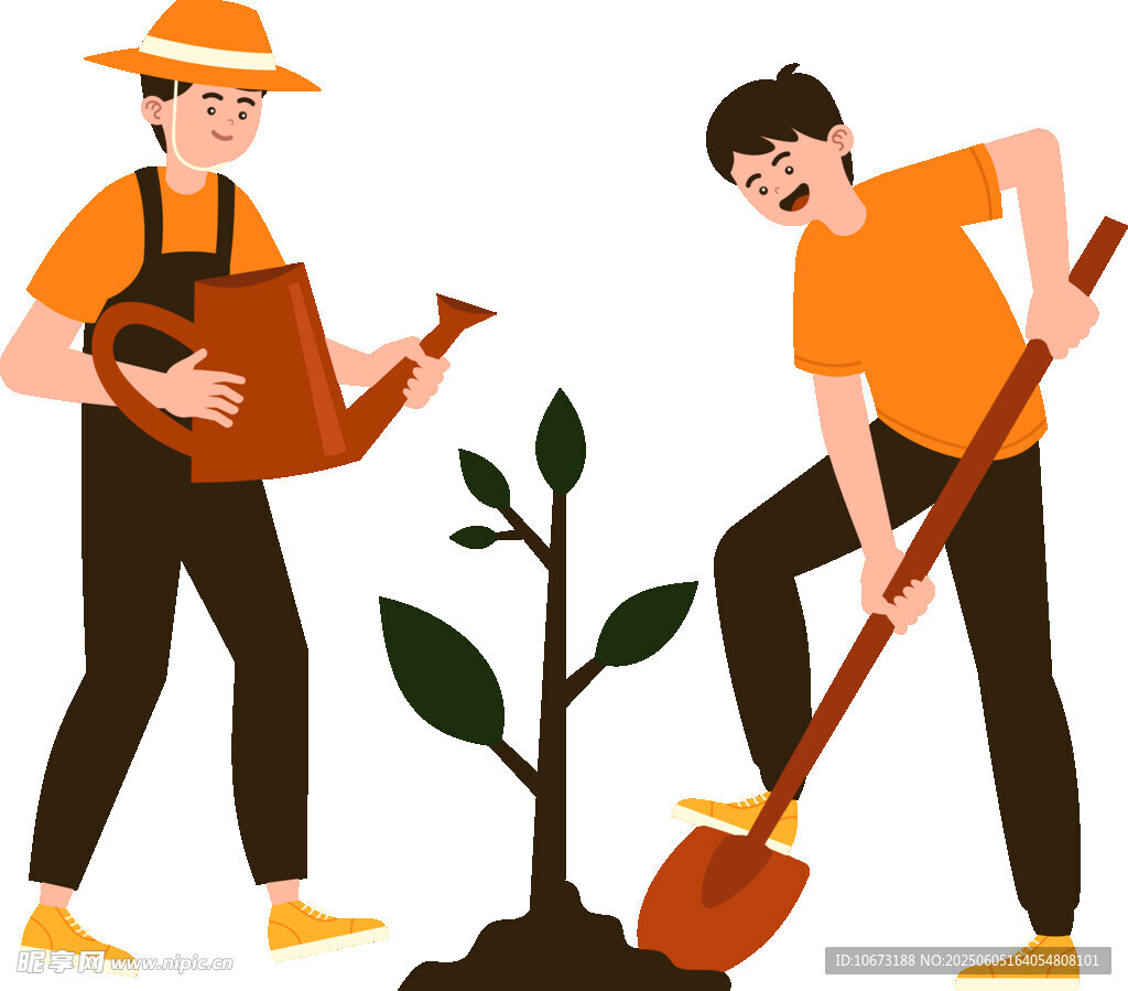 两人齐心共植小树苗