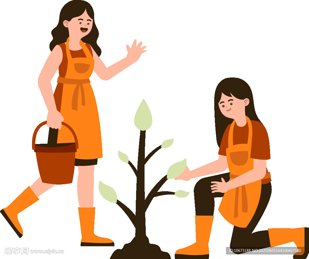 女孩们愉快地植树场景